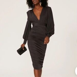 Elle Zeitoune Black Ruched Deep V Dress Size Medium